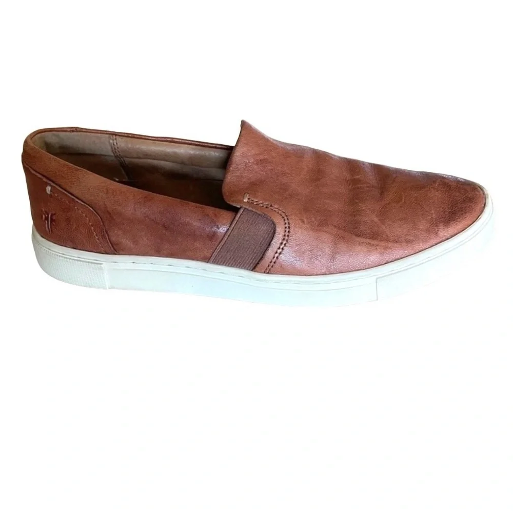 Frye Ivy Leather Slip On Sneakers 6.5 Cognac Brown Minimalist